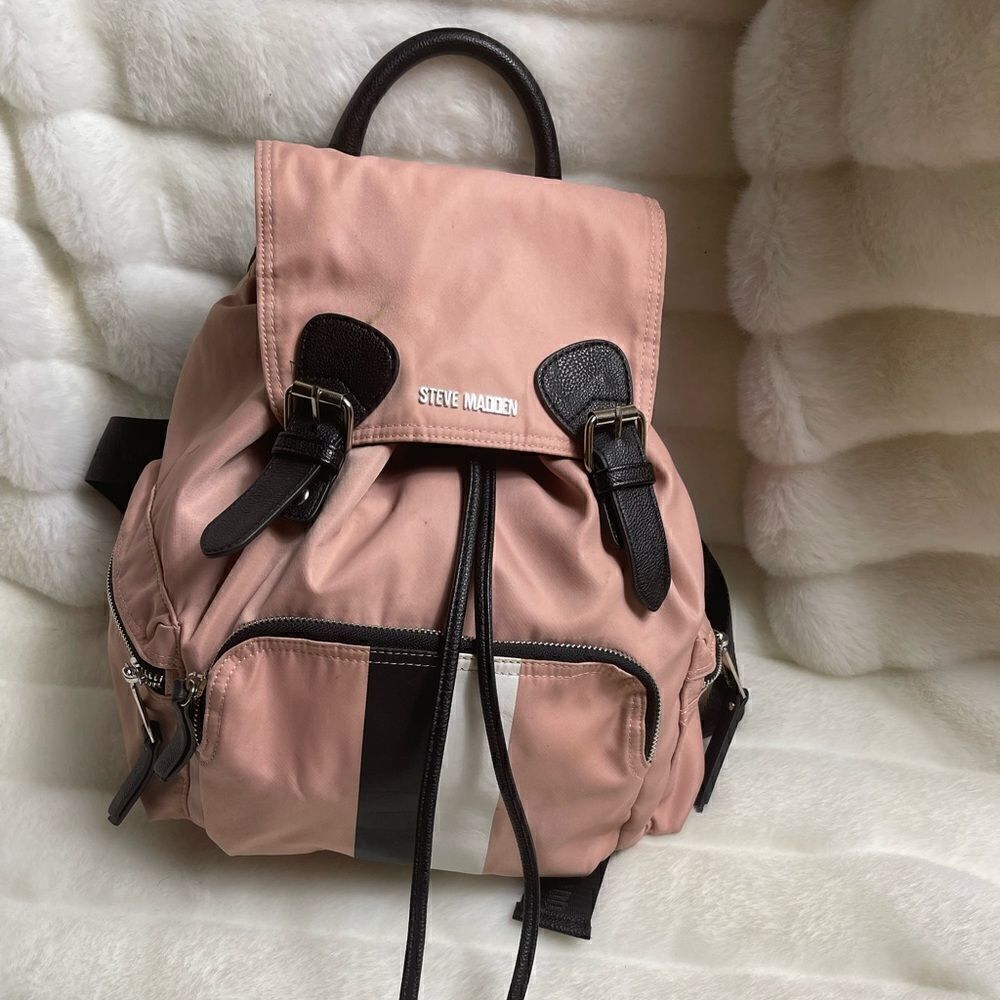 Steve Madden blush pink nylon drawstring backpack black faux leather accents